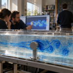 Blue dye reveals fluid motion in a laboratory water channel while mathematicians discuss a simulation behind it.
