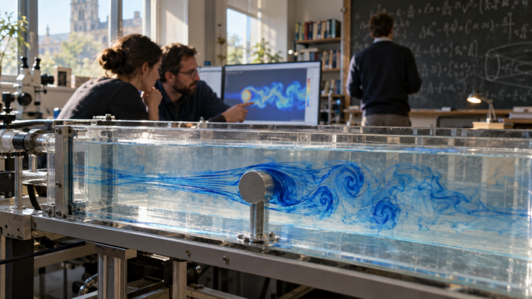 Blue dye reveals fluid motion in a laboratory water channel while mathematicians discuss a simulation behind it.