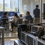 Researchers and evaluators collaborate in a sunlit AI laboratory, softly out of focus behind sharply detailed computing hardware.