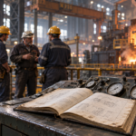 An experienced steelworker guides two apprentices behind a sharply focused instrument console and technical manual.