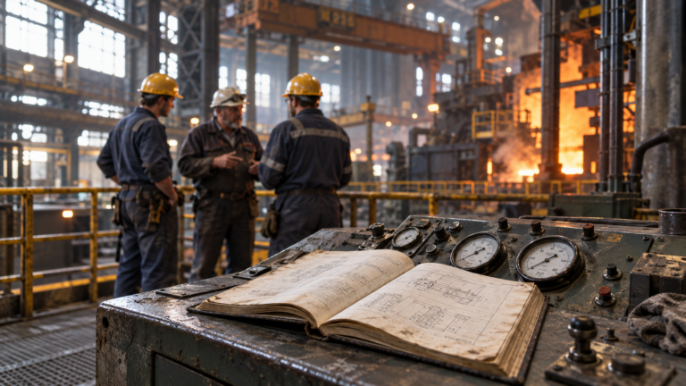 An experienced steelworker guides two apprentices behind a sharply focused instrument console and technical manual.