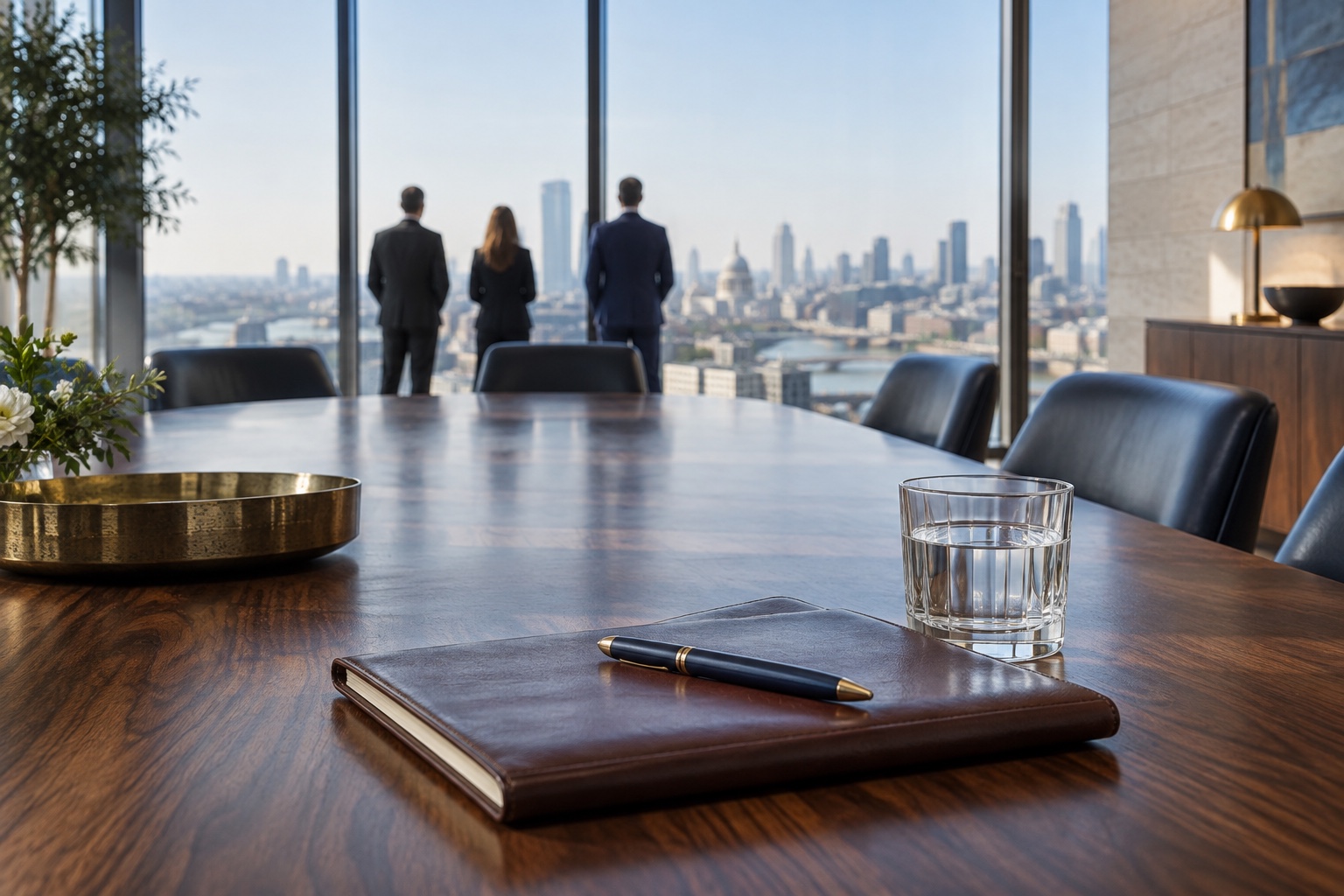 Notebook and glass on a boardroom table with distant directors facing away.