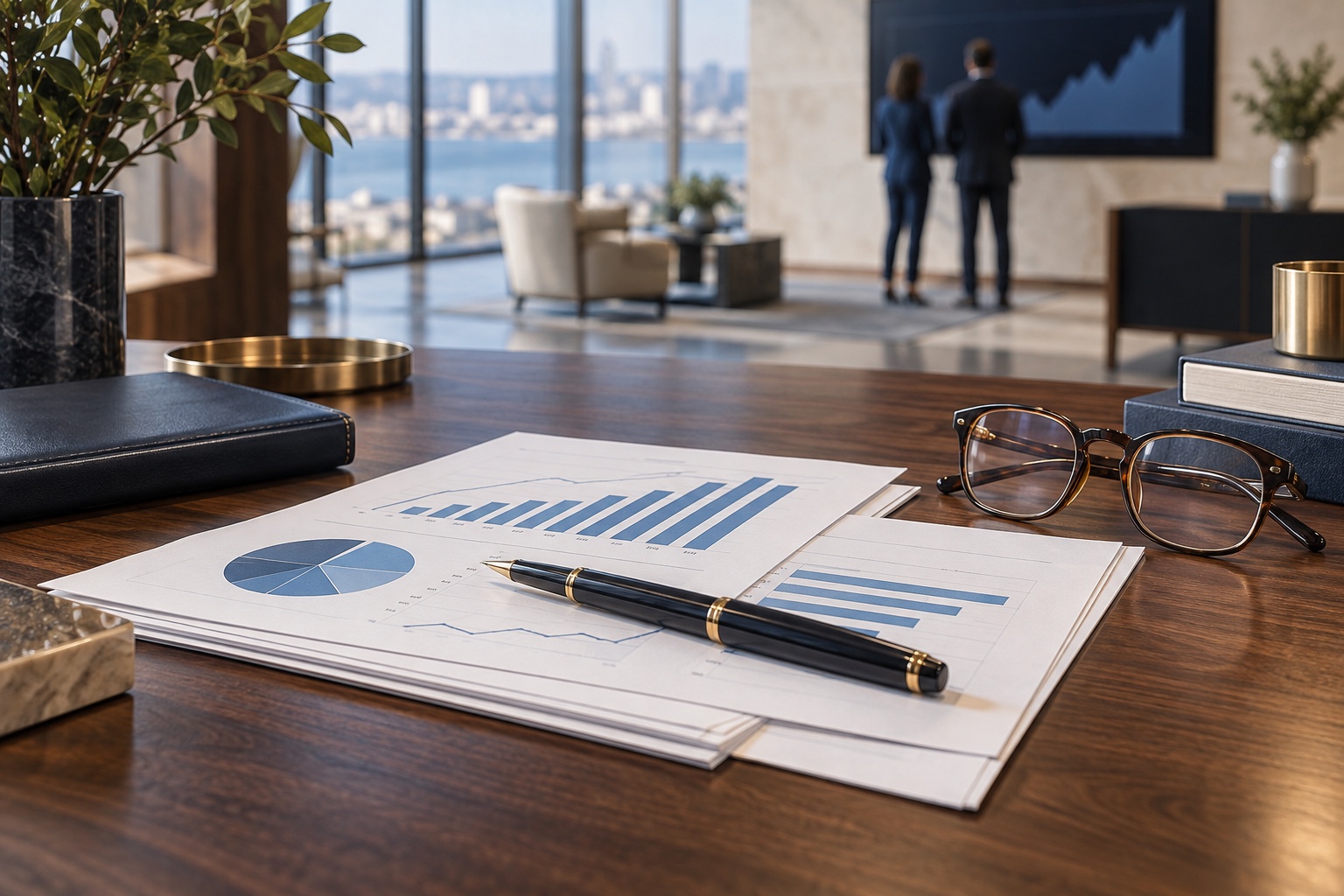 Financial charts, pen and glasses in focus with rear-facing advisers in the background.