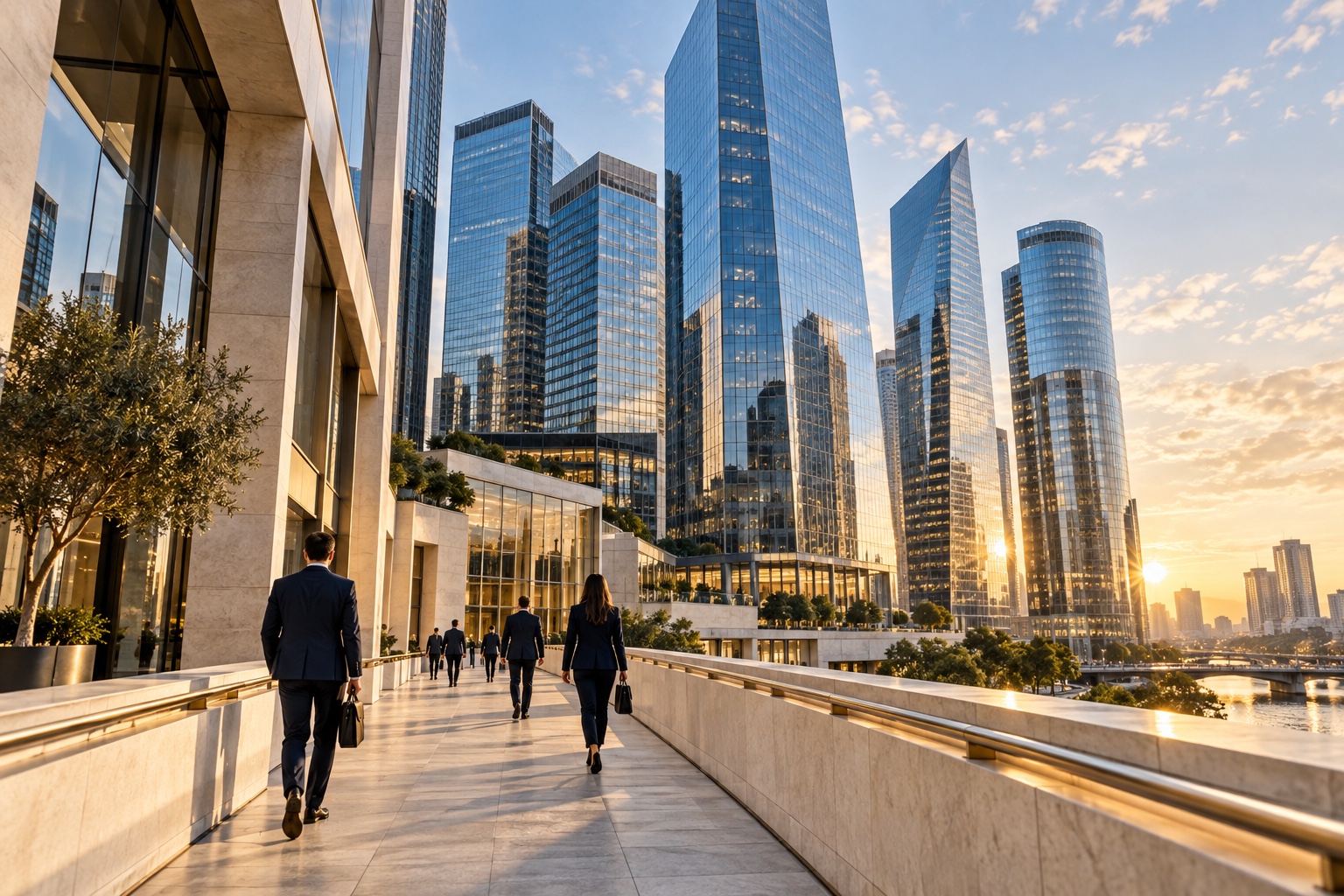 A stone walkway leads towards glass towers in a financial district.