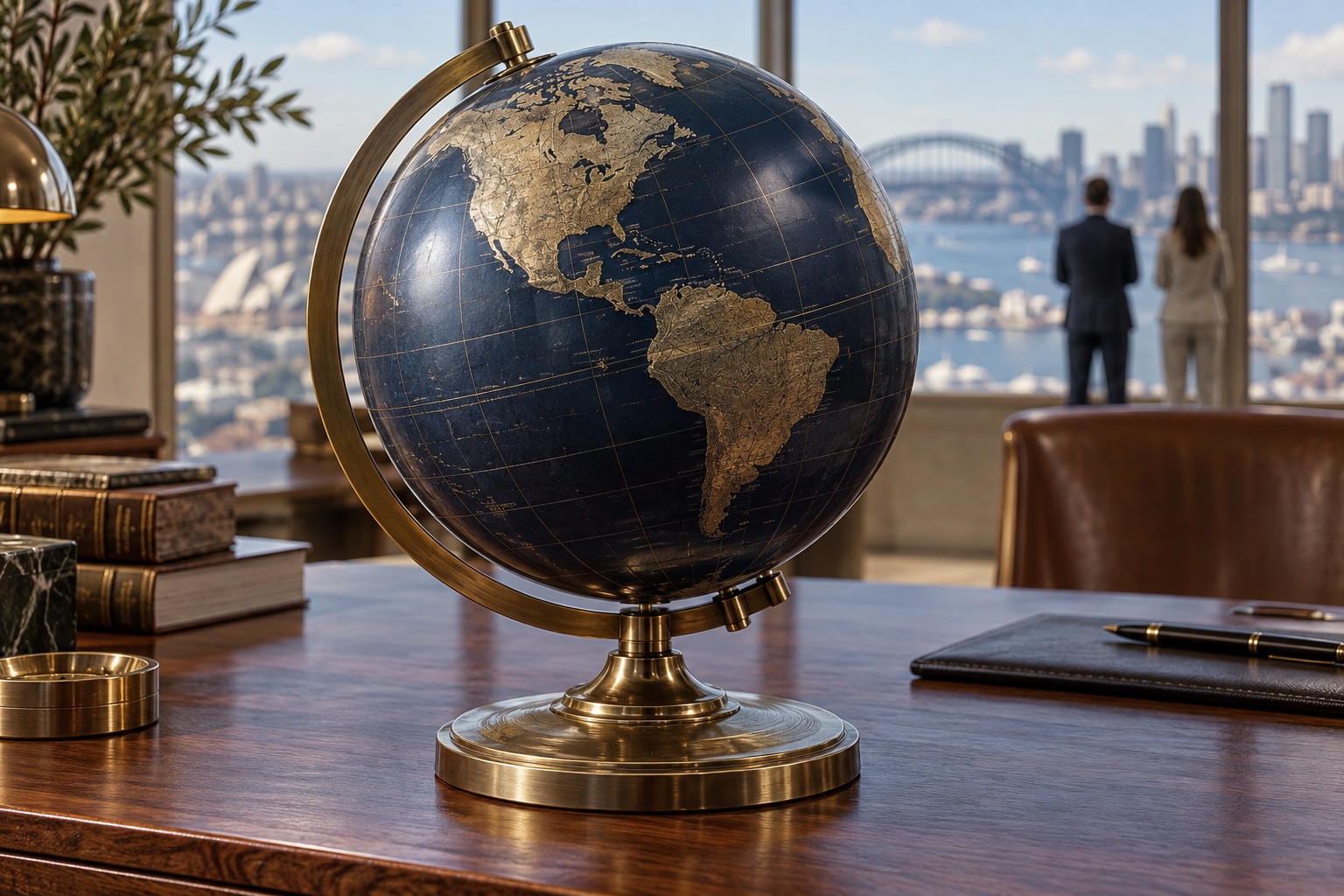 Navy and brass globe in focus with distant analysts seen from behind.