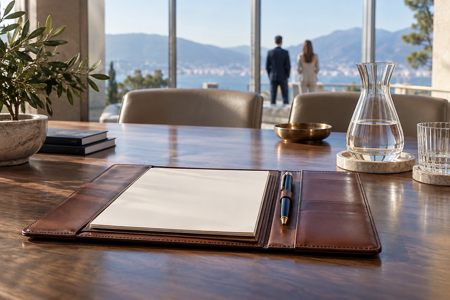Leather folio and water carafe in focus with distant colleagues facing away.