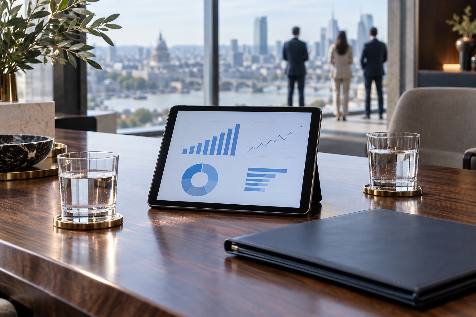 Tablet and portfolio in focus with distant investors facing away.