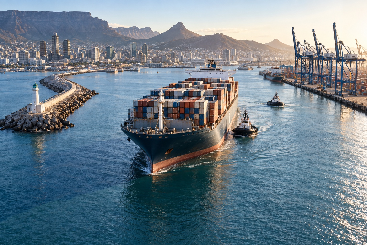 A container ship enters a sunlit harbour beside a modern city.
