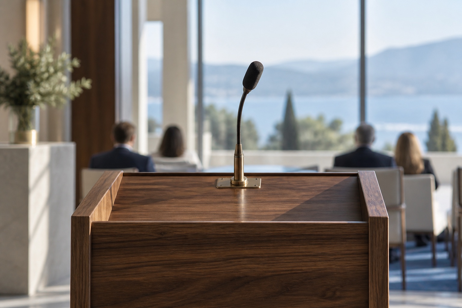 Microphone and lectern in focus with softly blurred attendees seen from behind.