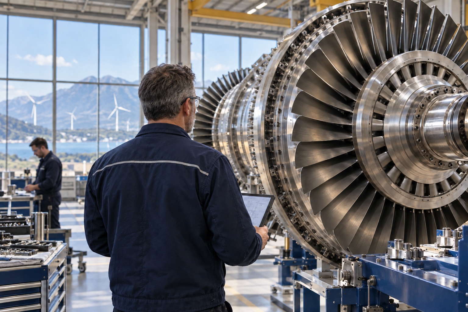 An engineer inspects a precision turbine in a bright manufacturing facility.