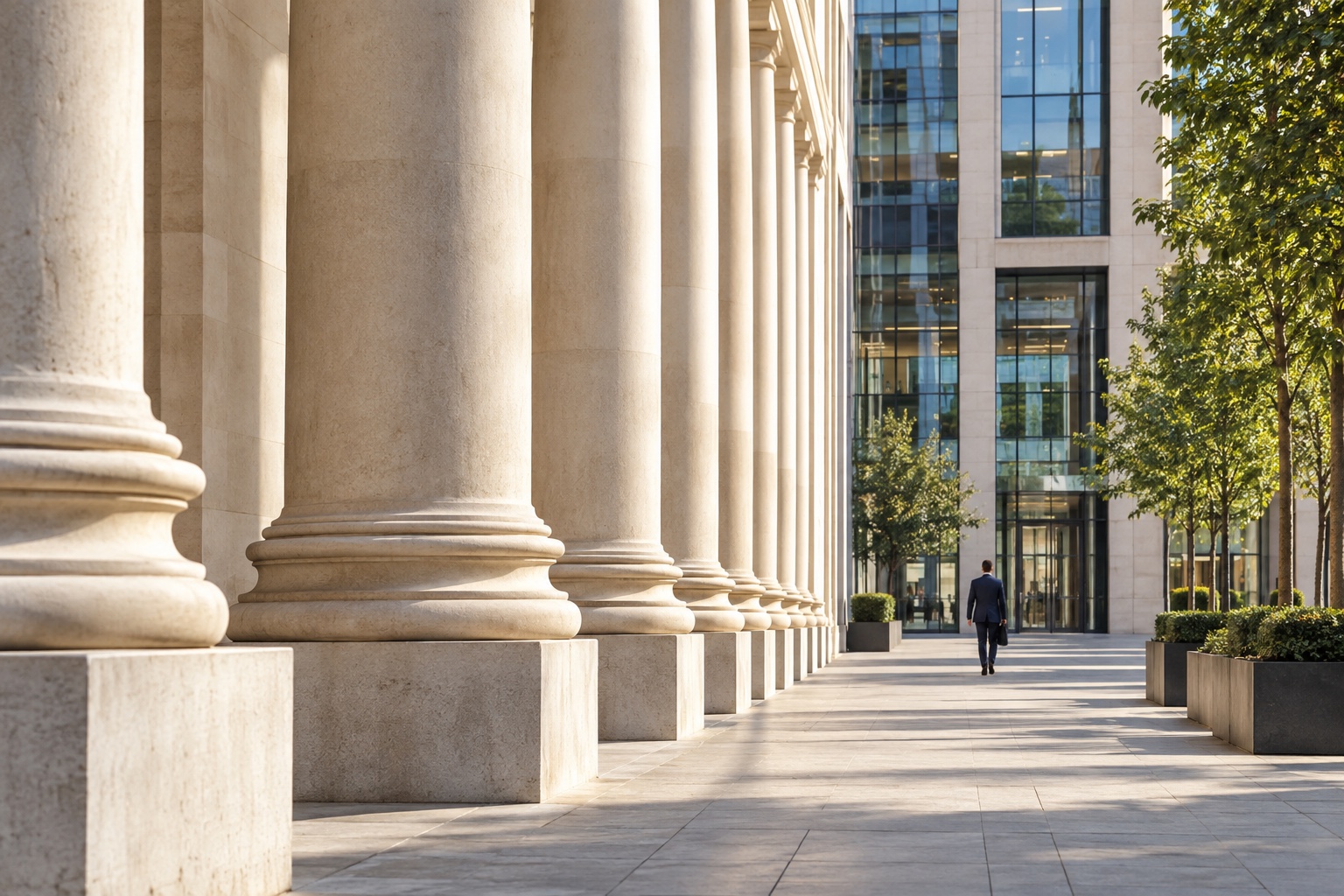 Limestone columns line a walkway towards a modern business building.